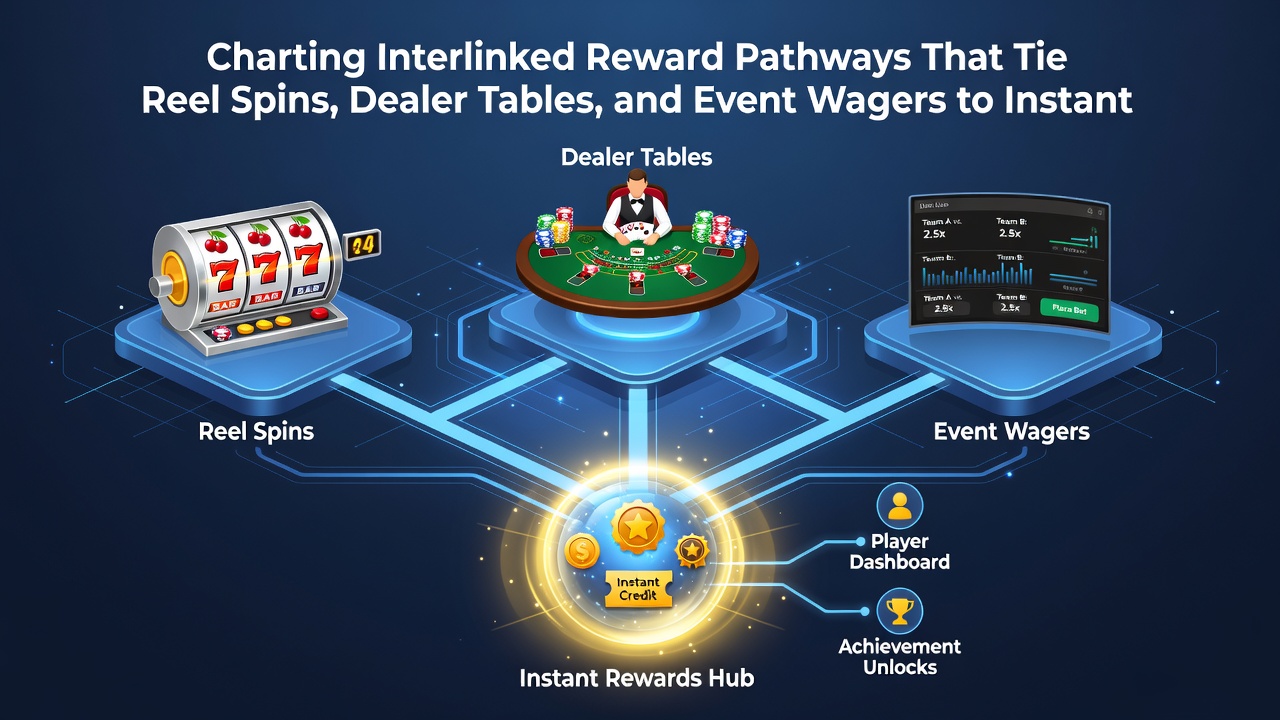 Illustration of players moving seamlessly between slot machines, live tables, sports betting interfaces, and instant payment portals