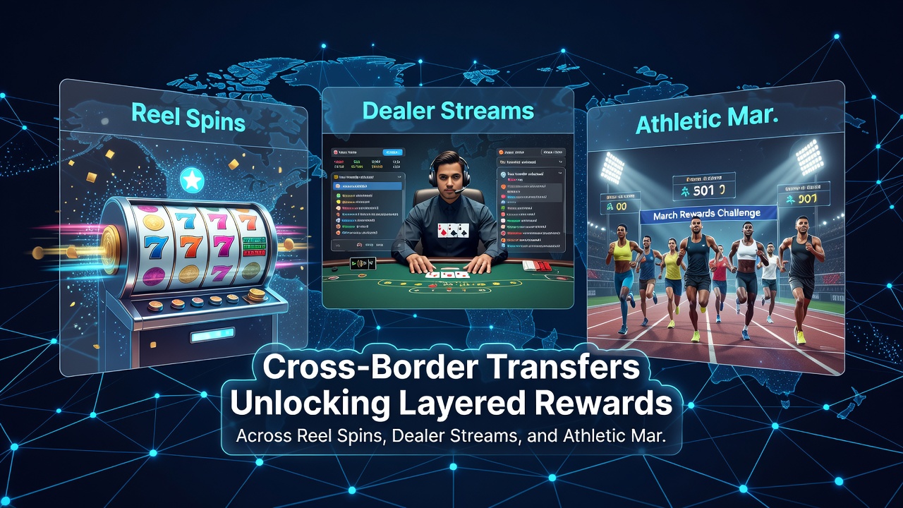 Digital interface displaying layered rewards from slots, live dealers, and sports bets funded via international transfers