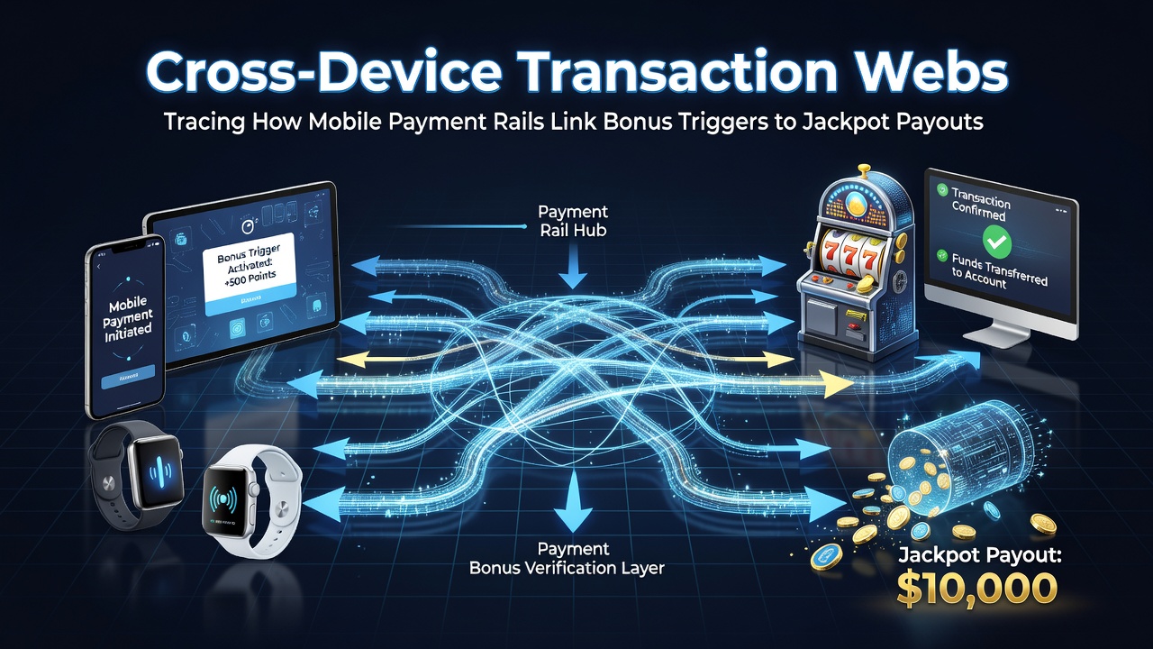 Diagram showing transaction flow between sports betting apps, live dealer tables, and jackpot meters on different devices
