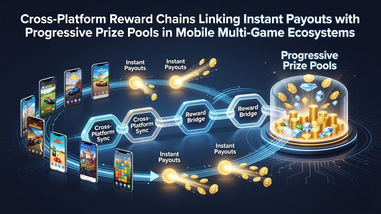 Illustration of interconnected mobile game interfaces showing reward chains between slots, tables, and sports betting sections