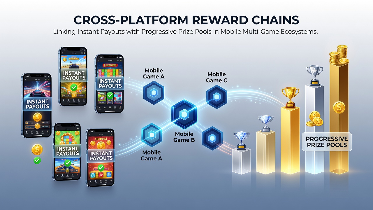 Diagram depicting data flow between mobile game modules, instant payout wallets, and shared progressive prize pools
