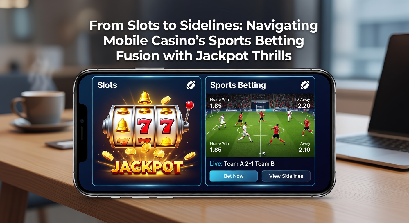 Close-up of a user's hand holding a smartphone with a split-screen interface showing a jackpot slot machine erupting in coins next to a sports betting slip for an ongoing football match