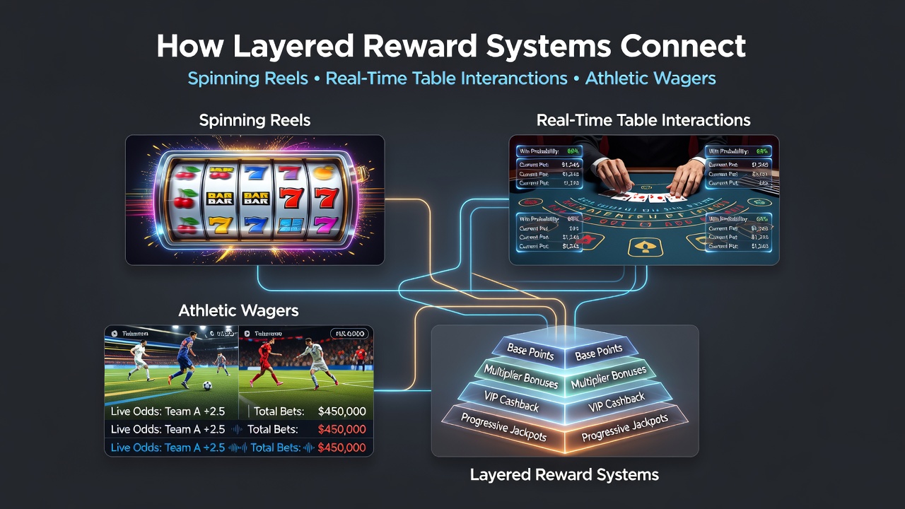 Illustration of layered reward pathways connecting mobile slots, live dealer tables, sports betting, and jackpot meters