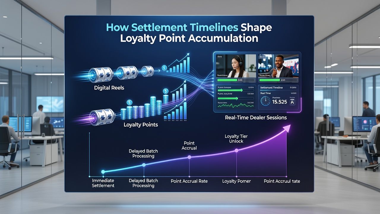 Infographic illustrating settlement timelines across slots, live dealer, and sports wagers with loyalty point flow arrows