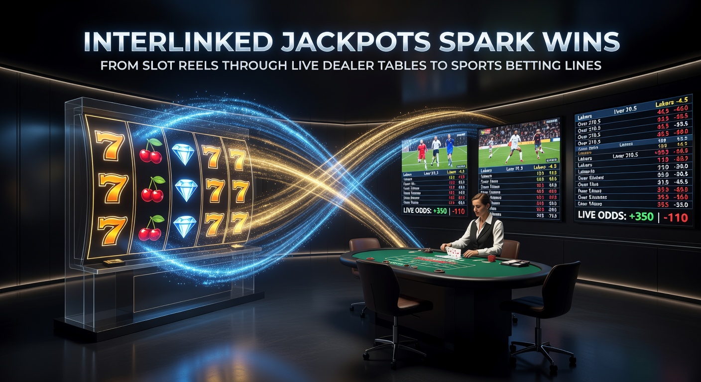 Dynamic graphic showing jackpot meters rising across slot screens, live dealer interfaces, and sports betting interfaces with interconnected glowing lines