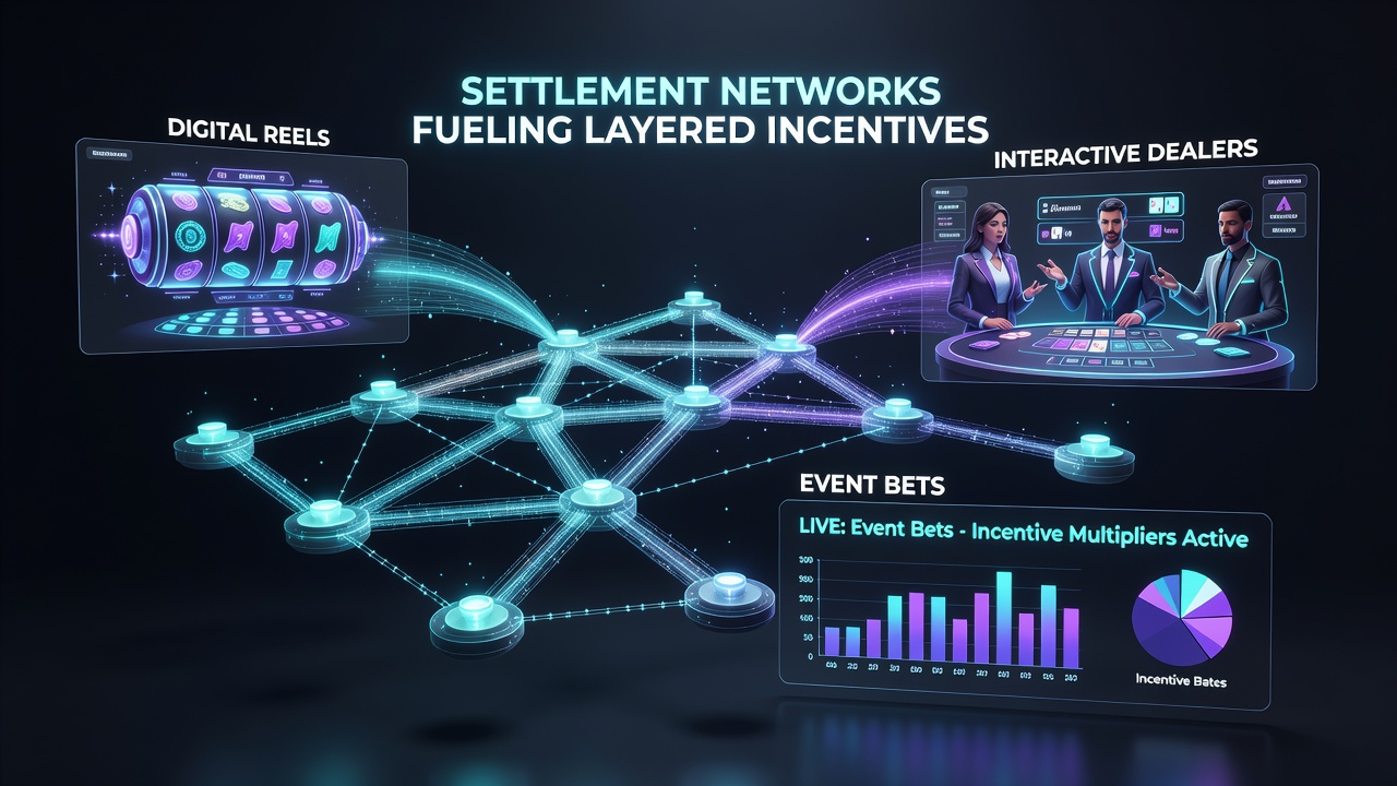 Mobile app screenshot illustrating layered incentives connecting slots, live dealers, event bets, and reward accumulators through settlement infrastructure