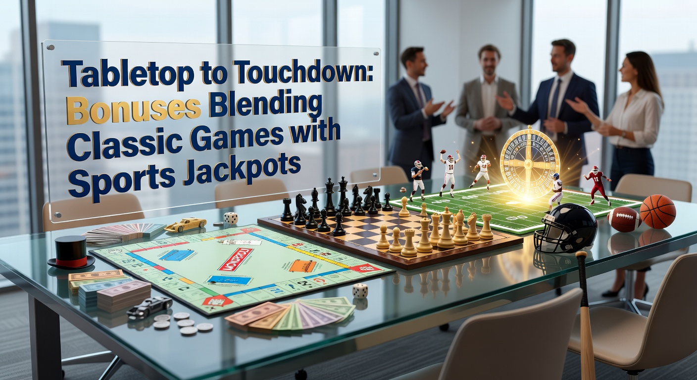 Dynamic split-image of poker chips stacked beside a football field graphic overlaid with glowing jackpot meters and bonus icons, capturing the fusion of strategic table play and explosive sports payouts