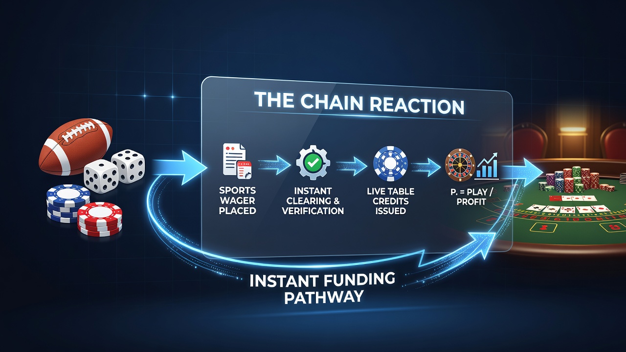 Flow diagram illustrating real-time conversion of sports betting winnings into live casino table credits and progressive jackpot contributions