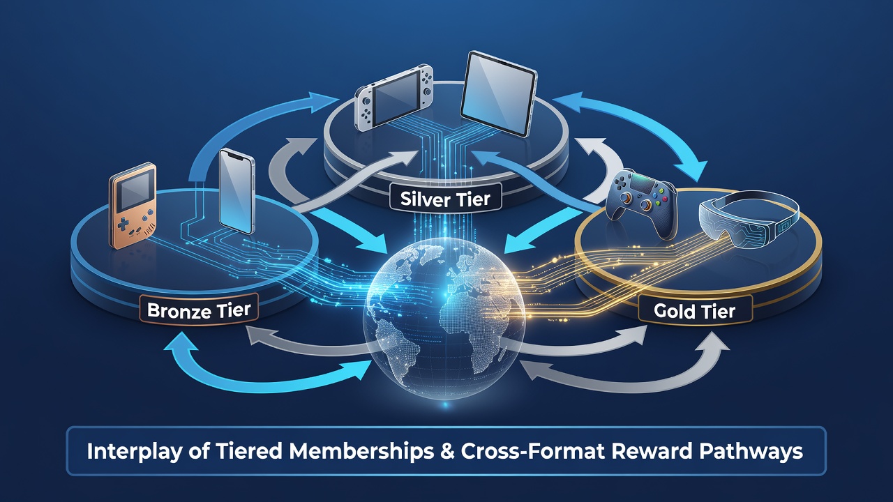Dashboard view showing tier progression bar connected to multiple game format icons with reward flow arrows