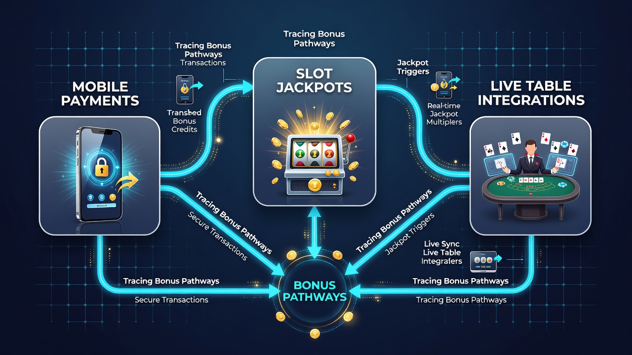 Live dealer table interface with overlaid bonus balance indicators connected to mobile wallet and slot progressives