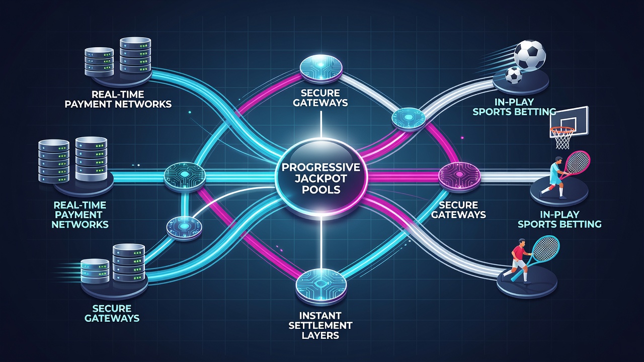 Flowchart illustrating real-time transaction routing from player deposits through jackpot contributions, in-play sports adjustments, and live dealer bonus credits